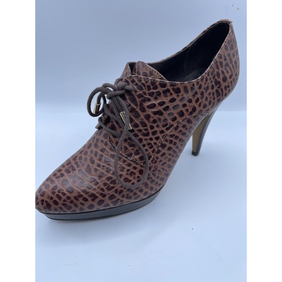 Pilar Abril Brown Leather Snake Style Platform Shoes Heel Tie Size 7.5 US 38 - Picture 1 of 9